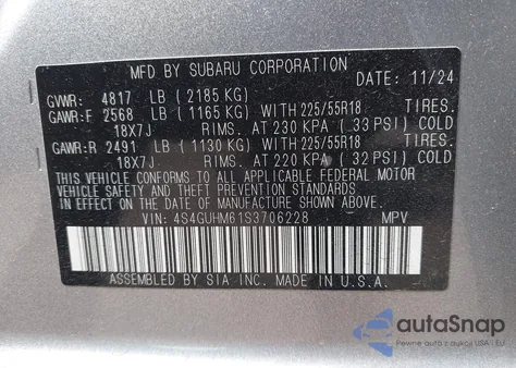 2025 Subaru Crosstrek Limited z USA, uszkodzony, nr VIN 4S4GUHM61S3706228